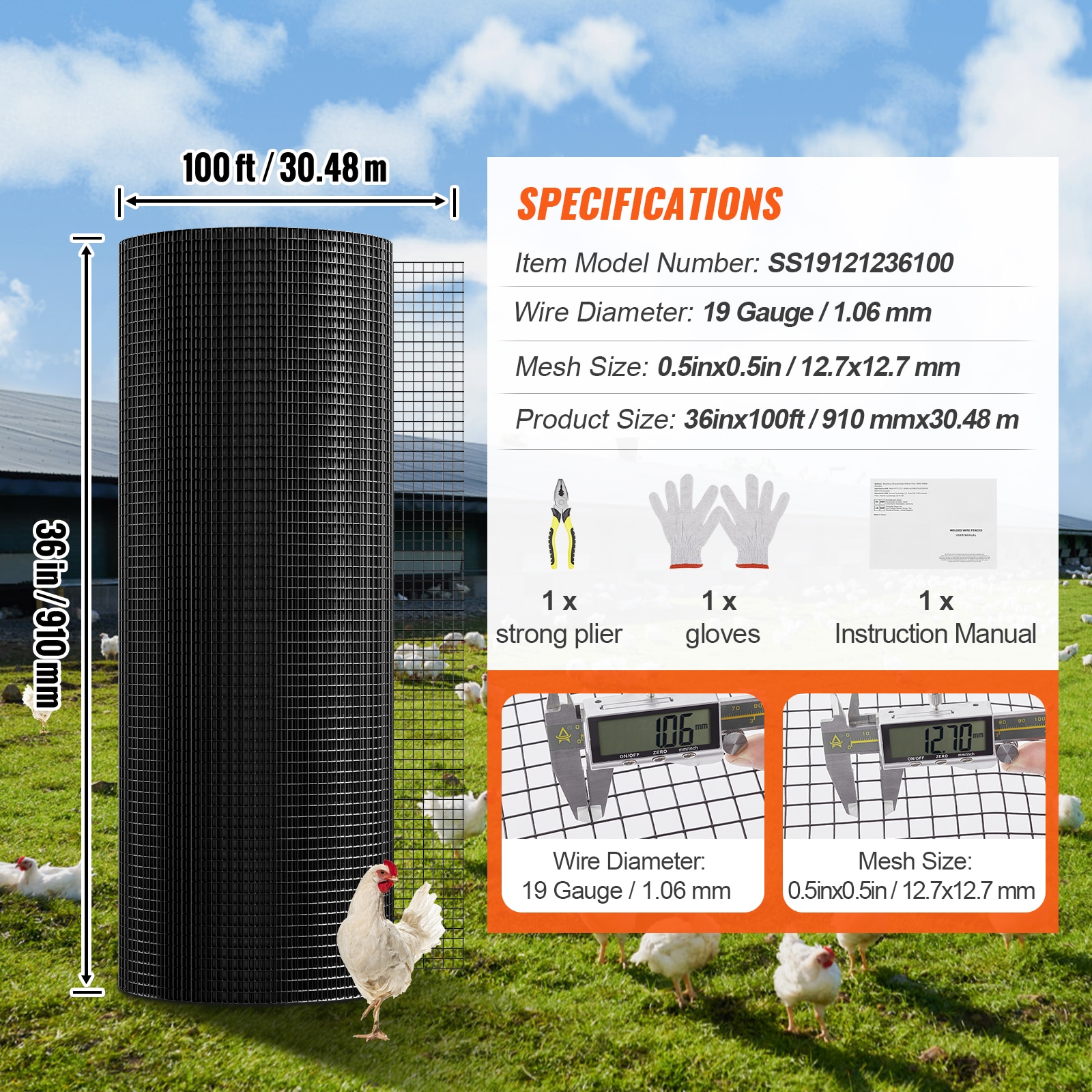 Hardware Cloth, 36'' X 100' Galvanized Wire Mesh Roll, 19 Gauge Chicken Wire Fence Roll, Vinyl Coating Metal Wire Mesh For Chicken Coop Barrier, Rabbit Snake Fences, Poultry Enclosures_maomaolike.com